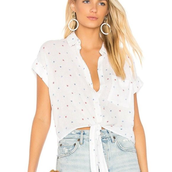 Rails Tops - Rails Amelie Star Tie Front Shirt Button Down White Watercolor Size Small H12442